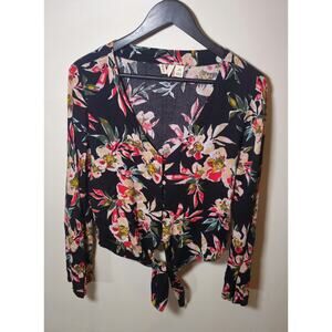 Roxy Floral Tie Front Crop Top Black Tropical Print Long Sleeve Blouse Medium